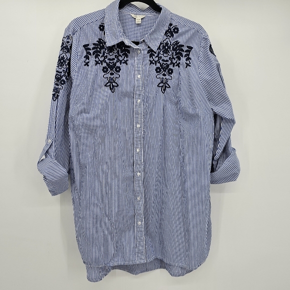 Cato Embroidered Long Sleeve Light Weight Tunic Stripe Button Down Blouse 18/20w - Picture 1 of 7